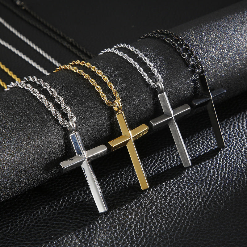 Men's Electroplated Cross Pendant Necklace – Titanium Steel Hemp Flower Chain