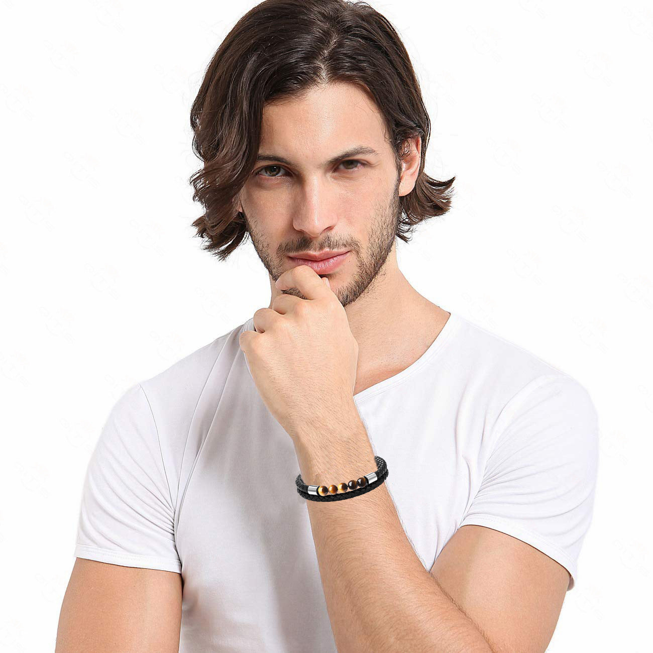 Punk Style Stainless Steel & Genuine Leather Bracelet with Tiger's Eye & Lava Stone