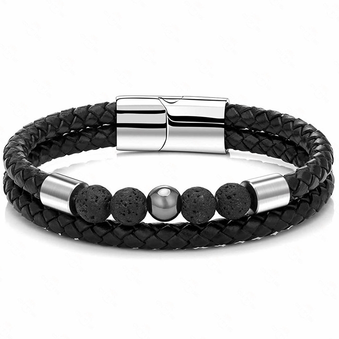 Punk Style Stainless Steel & Genuine Leather Bracelet with Tiger's Eye & Lava Stone