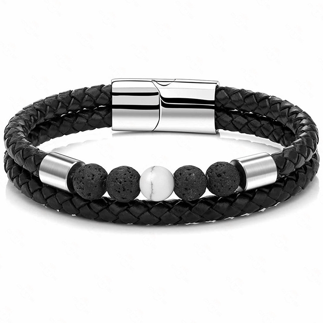 Punk Style Stainless Steel & Genuine Leather Bracelet with Tiger's Eye & Lava Stone