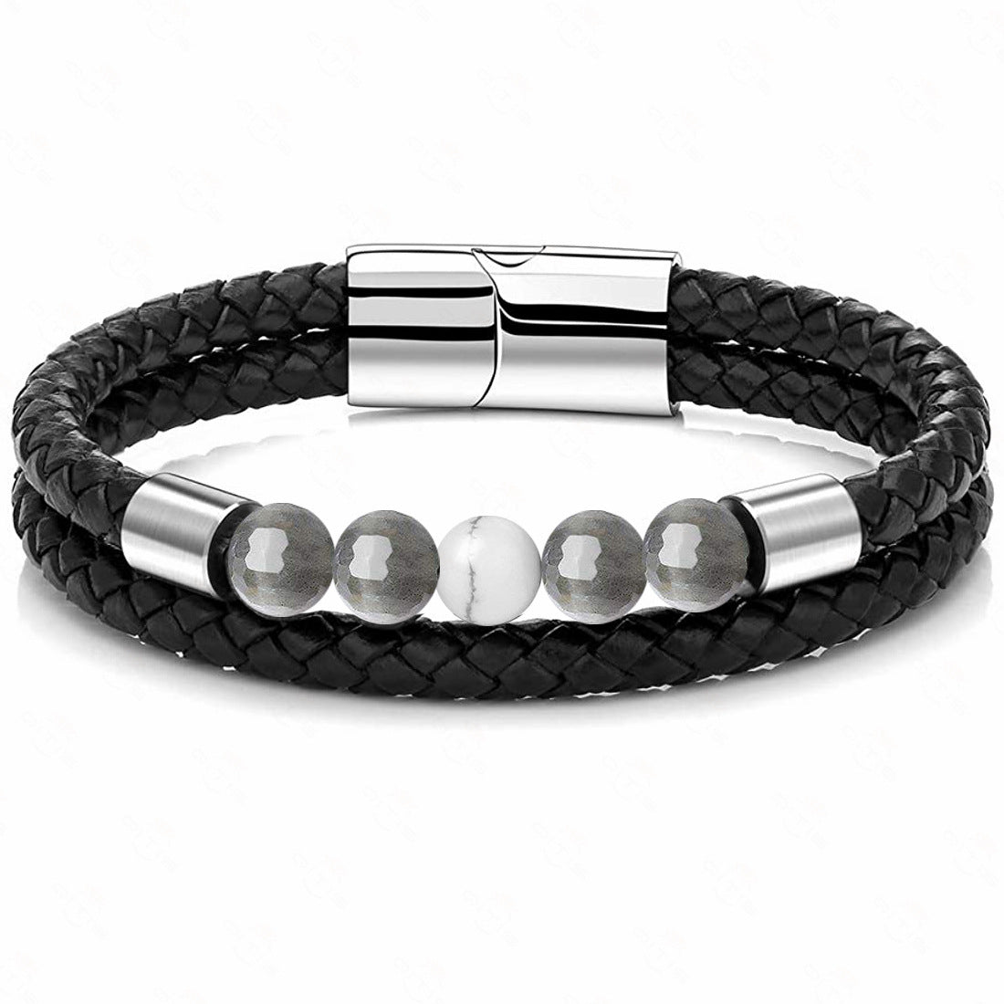 Punk Style Stainless Steel & Genuine Leather Bracelet with Tiger's Eye & Lava Stone