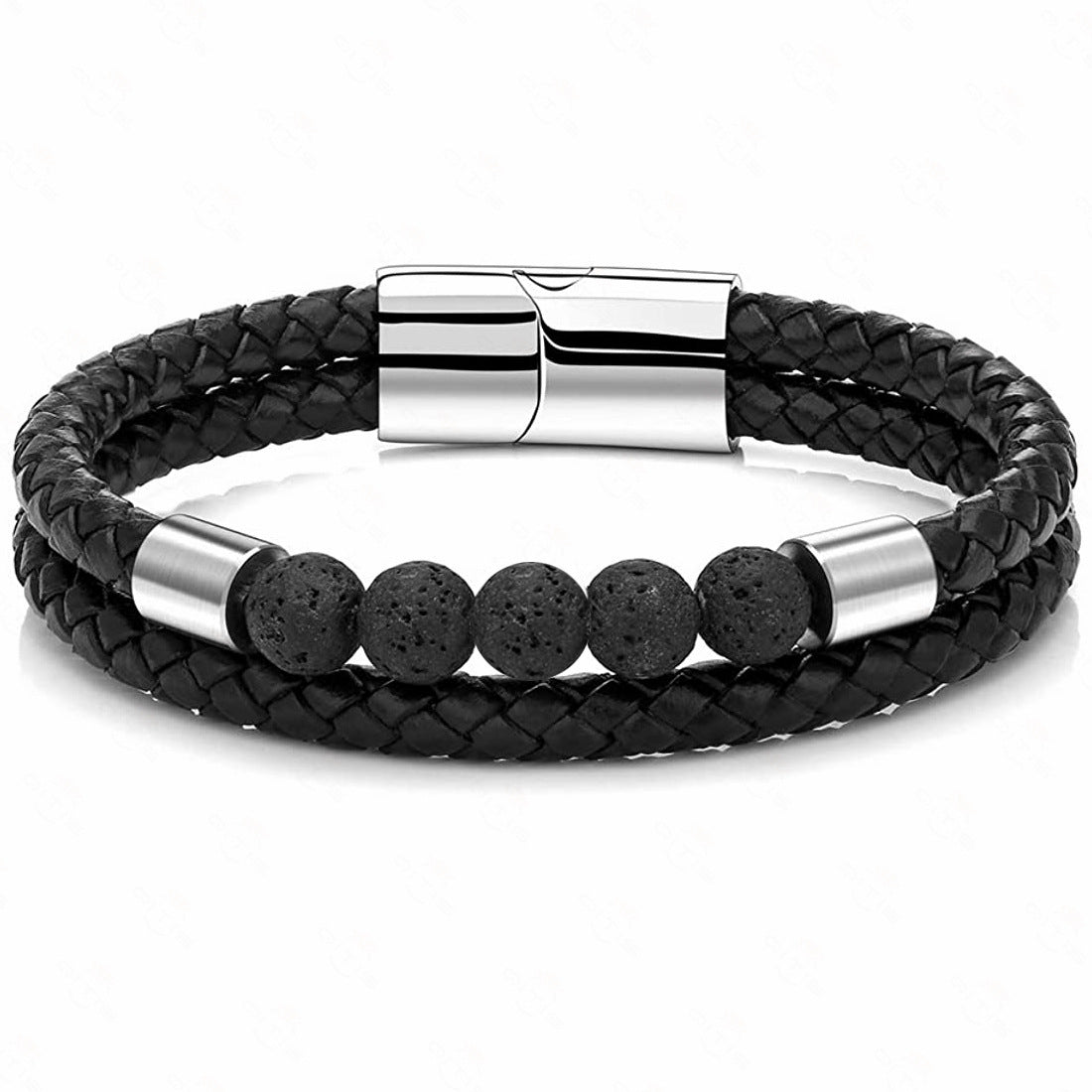 Punk Style Stainless Steel & Genuine Leather Bracelet with Tiger's Eye & Lava Stone