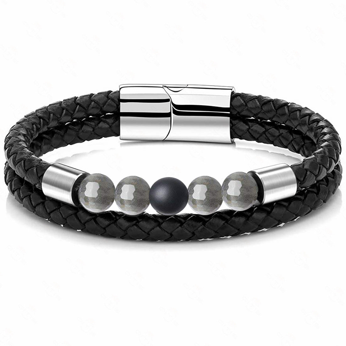 Punk Style Stainless Steel & Genuine Leather Bracelet with Tiger's Eye & Lava Stone