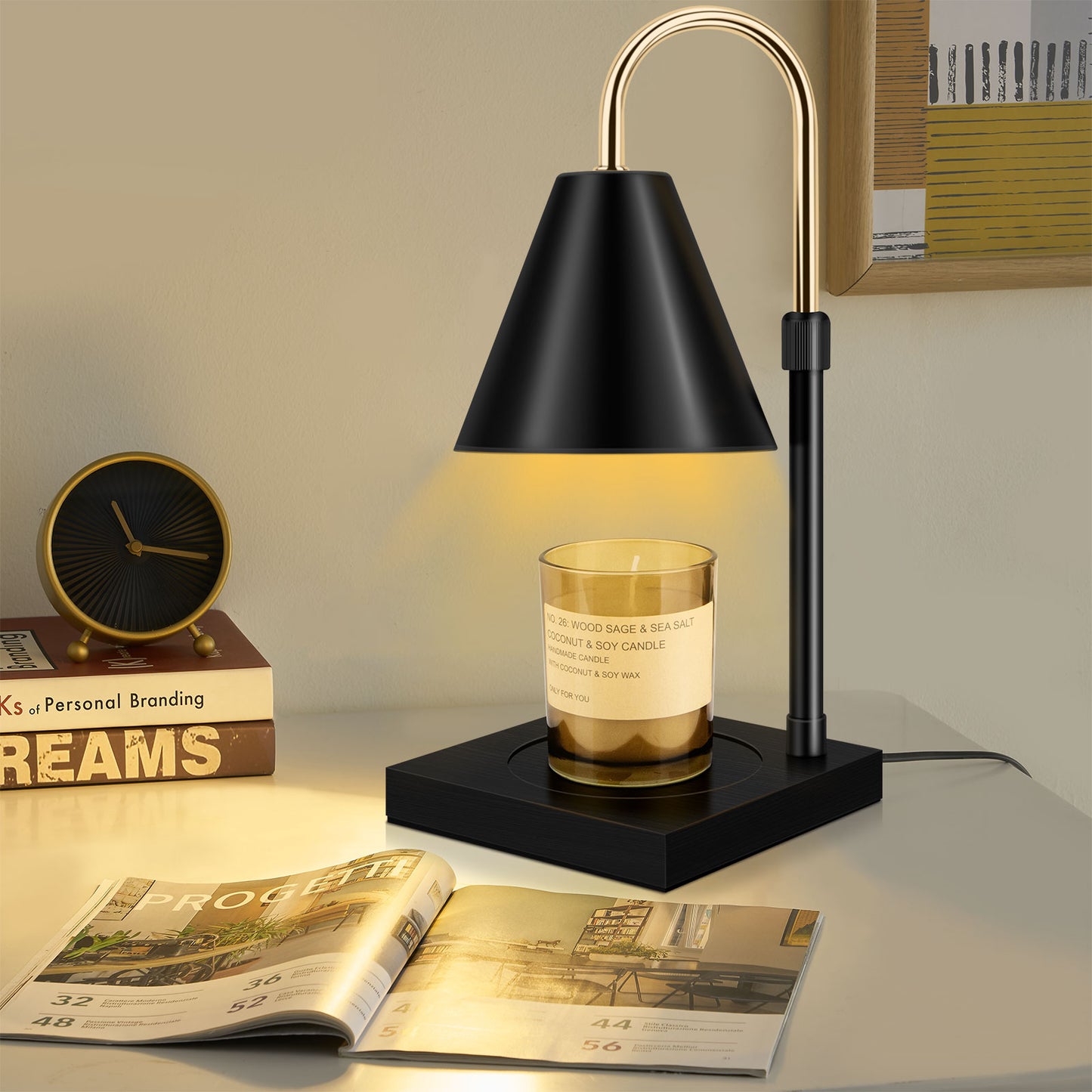 Adjustable Height Candle Warmer Lamp with Timer & Dimmable Brightness – Wooden Base, Black