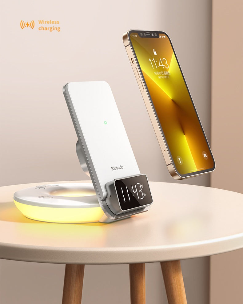 15W Foldable Wireless Charger Stand with Night Light & Alarm Clock