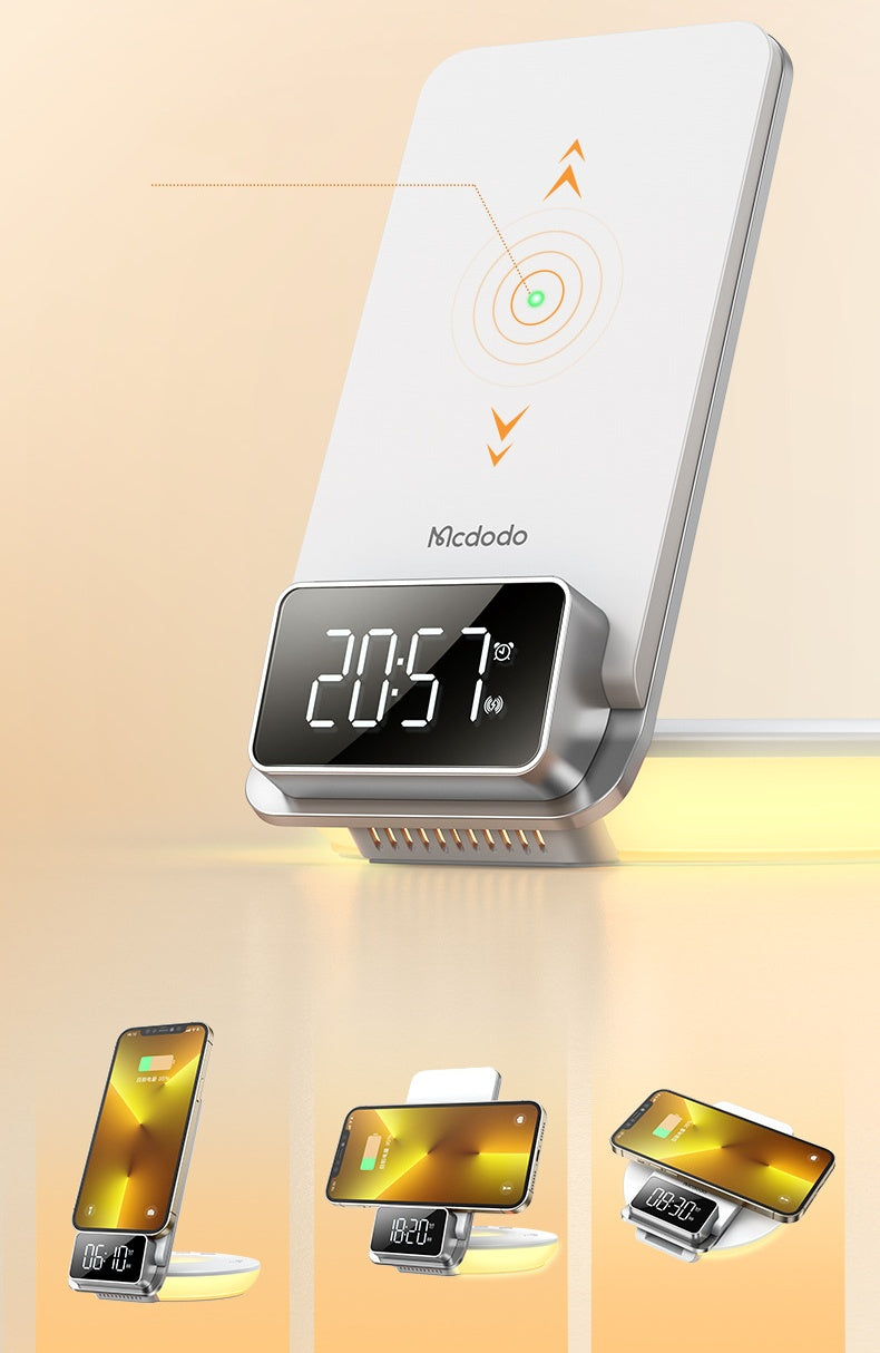 15W Foldable Wireless Charger Stand with Night Light & Alarm Clock