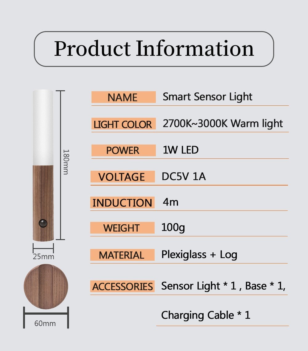 Auto LED USB Magnetic Wood Wireless Night Light – PIR Motion Sensor Wall Lamp