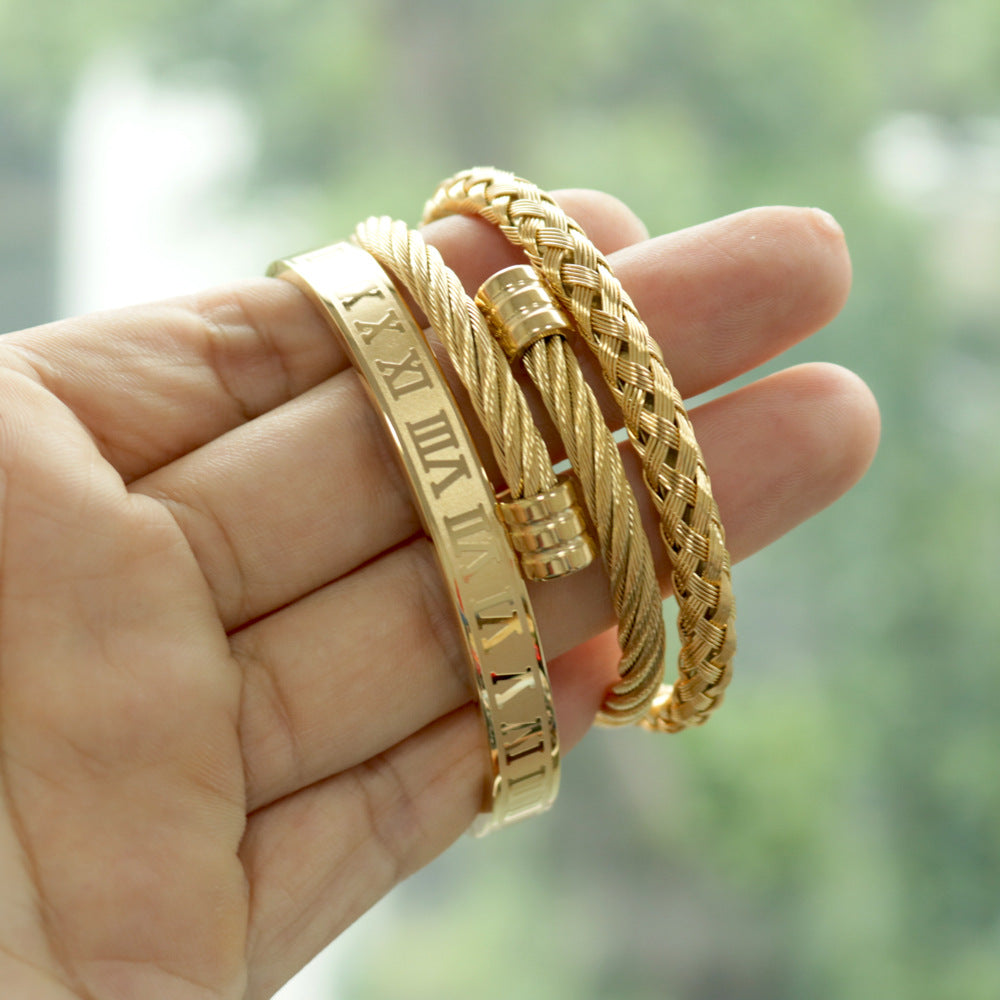 Men's Gold Braided Titanium Steel Bangle Bracelet