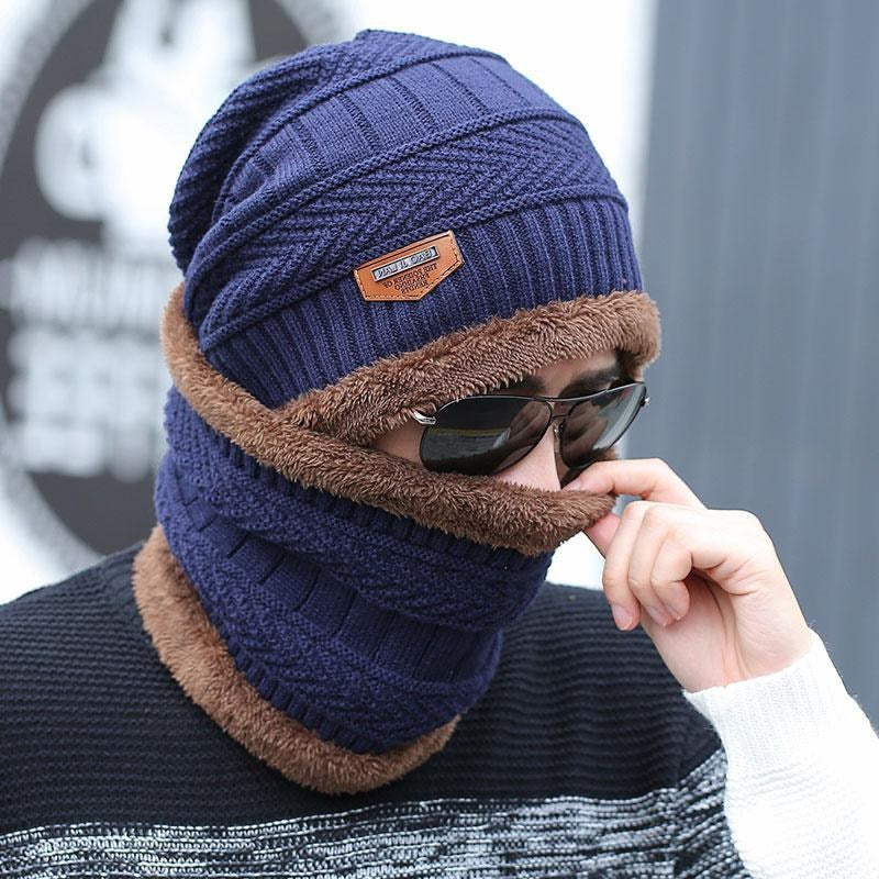 Korean Style Knitted Hat & Scarf Set – Warm Velvet Wool for Men
