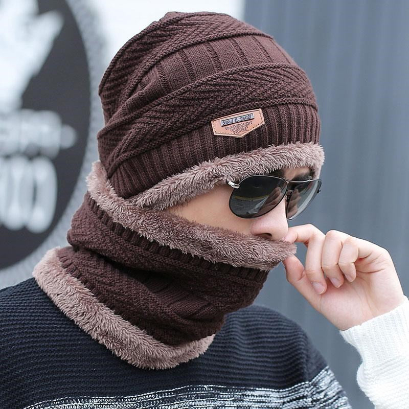 Korean Style Knitted Hat & Scarf Set – Warm Velvet Wool for Men