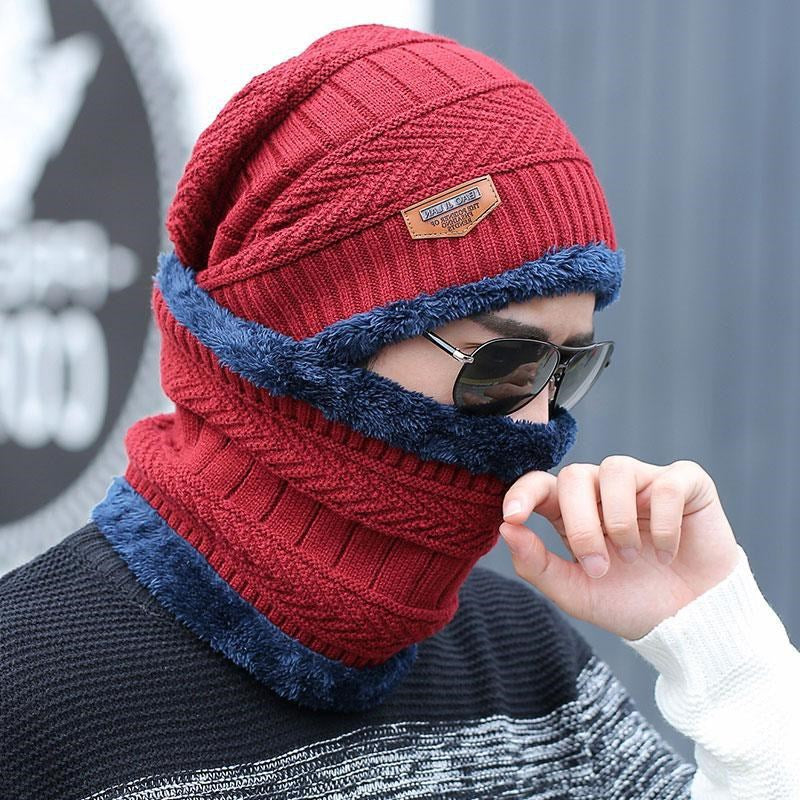 Korean Style Knitted Hat & Scarf Set – Warm Velvet Wool for Men