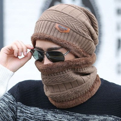 Korean Style Knitted Hat & Scarf Set – Warm Velvet Wool for Men