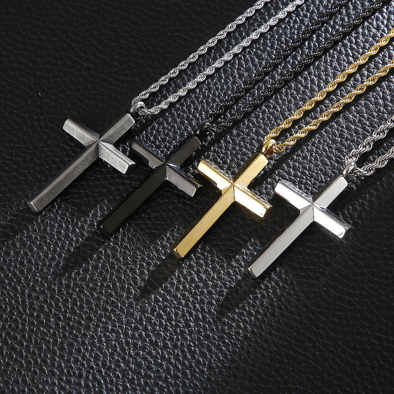 Men's Electroplated Cross Pendant Necklace – Titanium Steel Hemp Flower Chain
