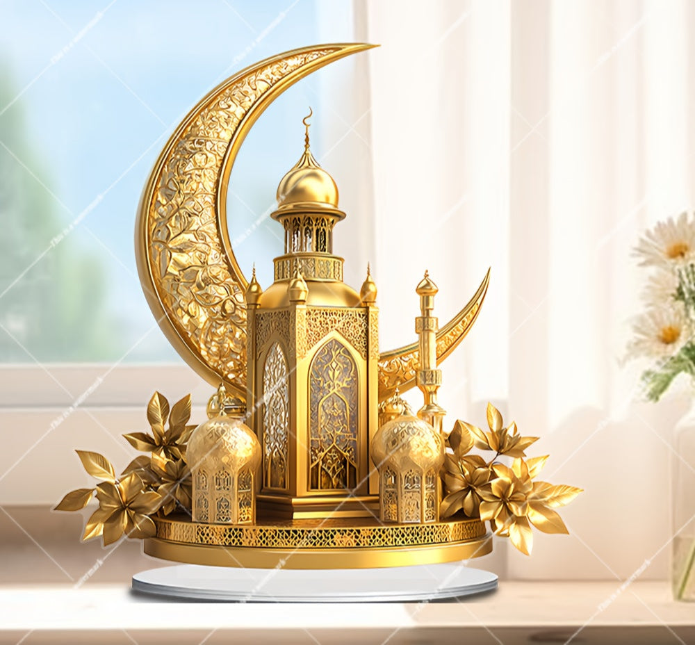 Yellow Golden 2D Acrylic Eid Ramadan Suncatcher Ornament with Base – Multi-Functional Home & Office Decor, Creative Ramadan Gift
