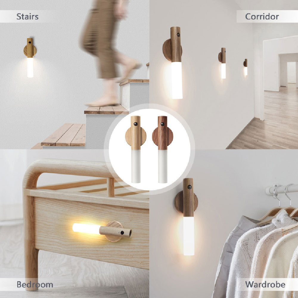 Auto LED USB Magnetic Wood Wireless Night Light – PIR Motion Sensor Wall Lamp