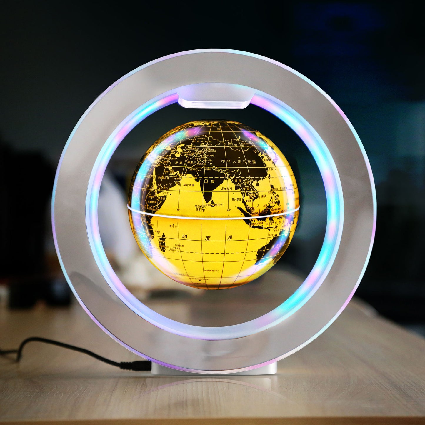 Magnetic Levitating Globe with LED Light – 360° Rotating O-Shaped Display