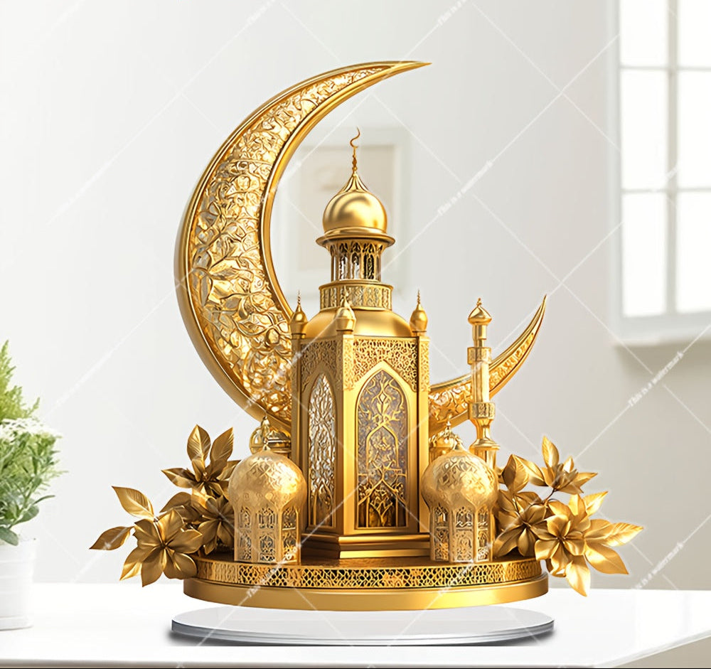 Yellow Golden 2D Acrylic Eid Ramadan Suncatcher Ornament with Base – Multi-Functional Home & Office Decor, Creative Ramadan Gift