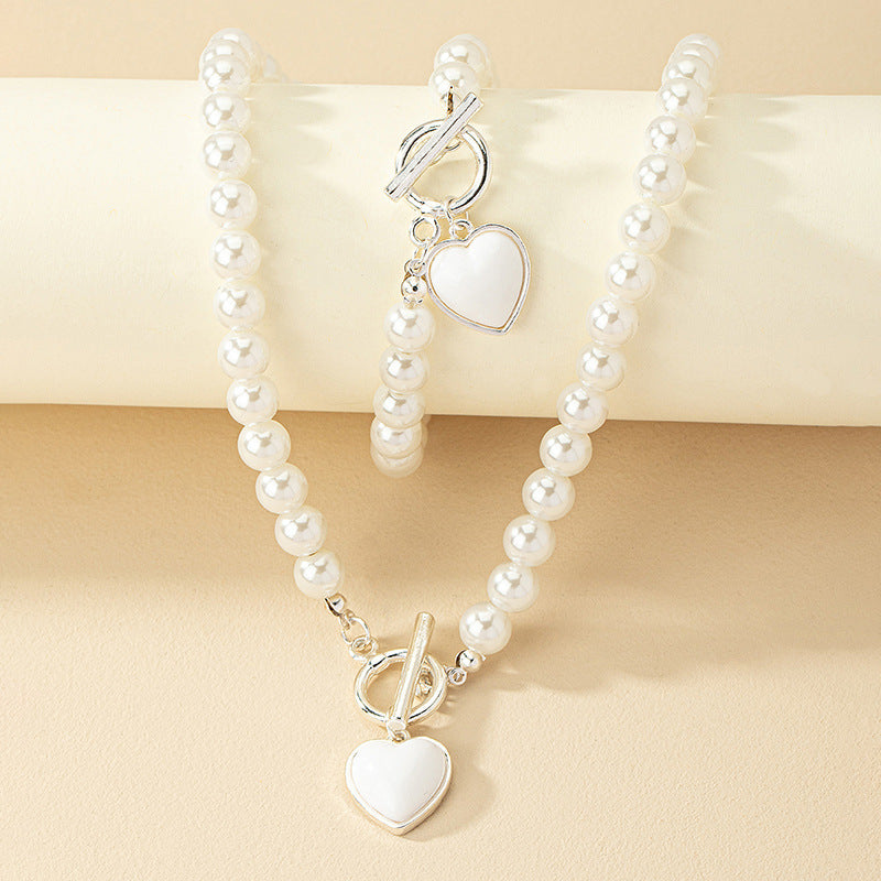 Pearl Heart Bracelet & Necklace Set – Elegant Women's Jewelry Clavicle Chain