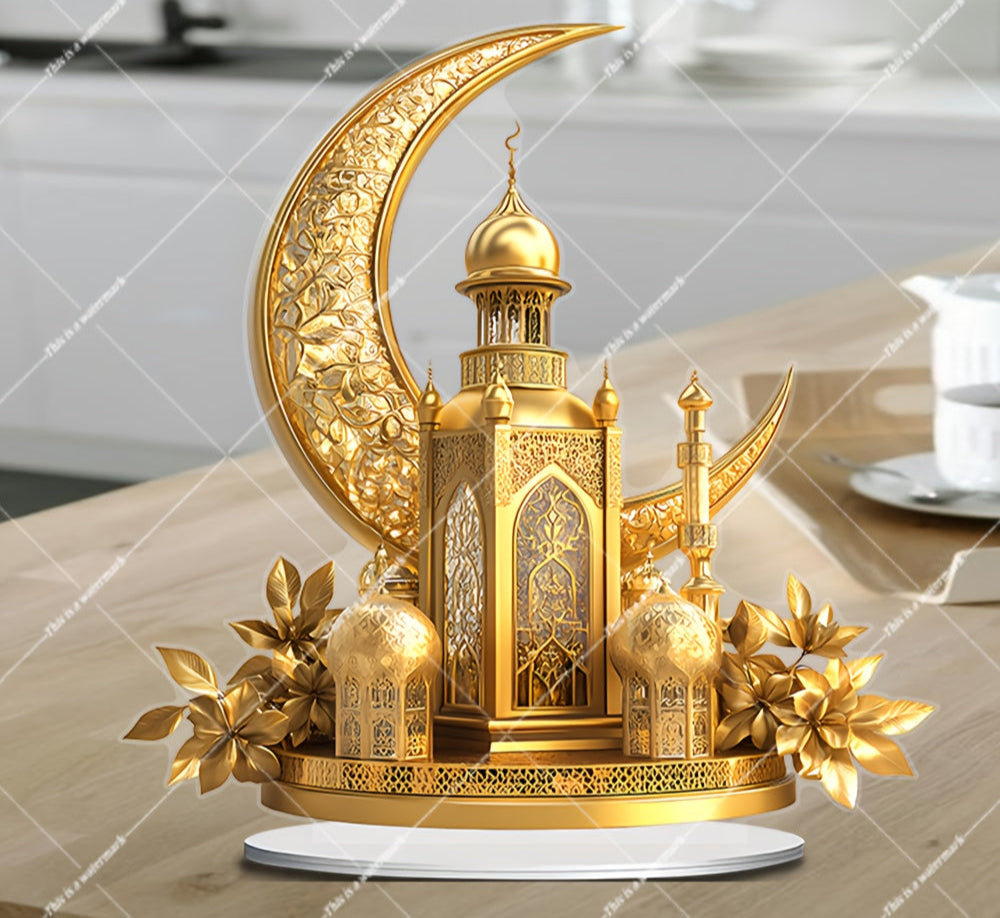 Yellow Golden 2D Acrylic Eid Ramadan Suncatcher Ornament with Base – Multi-Functional Home & Office Decor, Creative Ramadan Gift