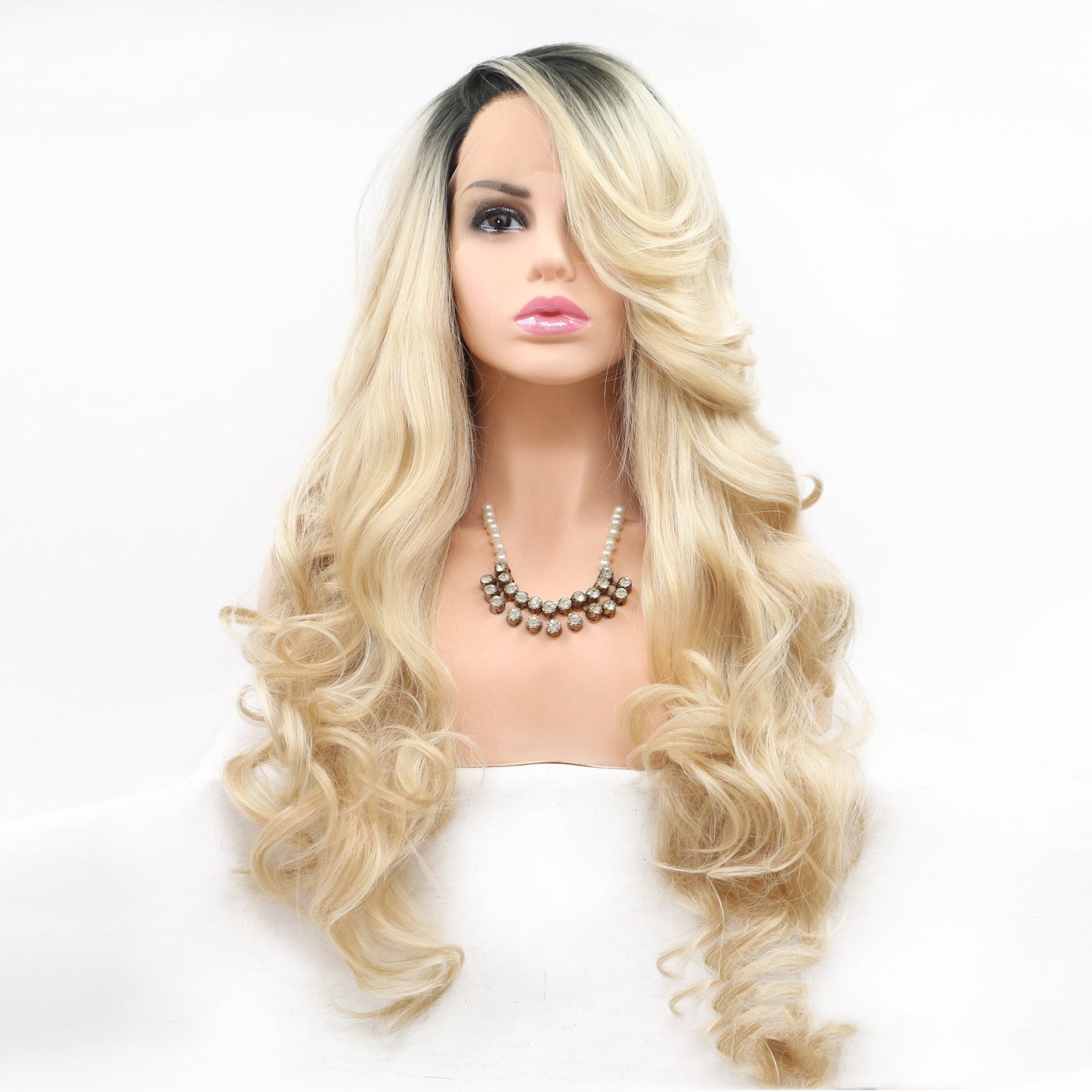 Blonde Front Lace Wig with Oblique Bangs – Long Curly Hair, Chemical Fiber