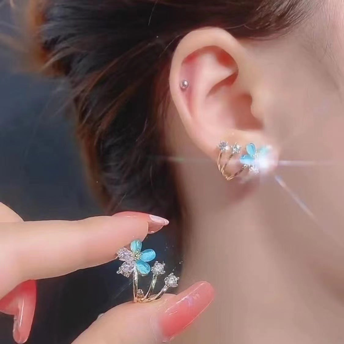 Artsy Cherry Blossom Earrings – Green Opal Diamond Color Flower Design