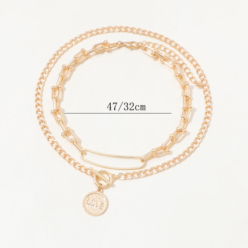 European & American Retro U-Shaped Double-Layer Metal Chain Necklace – Unisex Tag Pendant