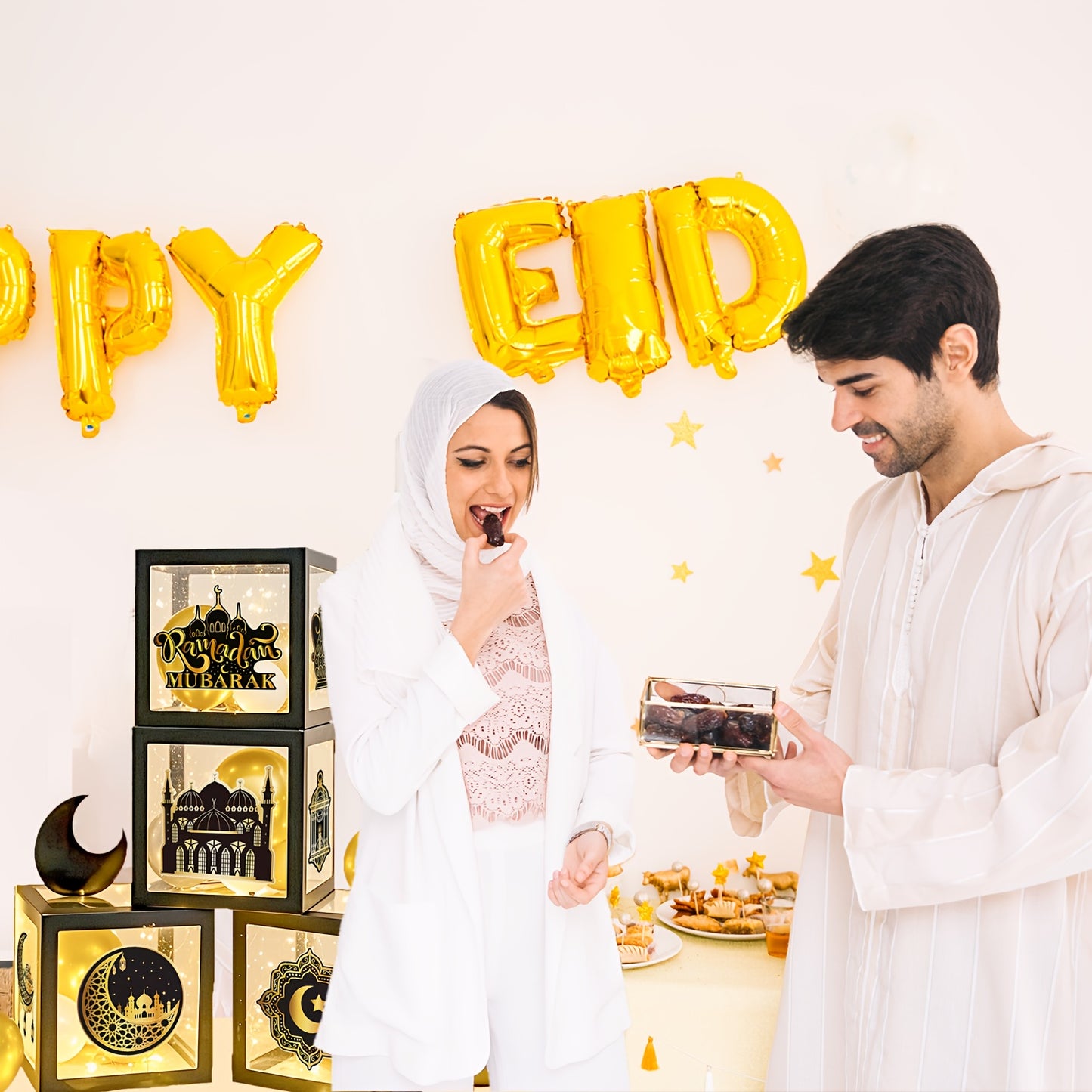 4pcs Ramadan Celebration Balloon Boxes – Eid Mubarak Decor With Star & Moon Designs, Perfect For Home & Living Room Indoor Decorations