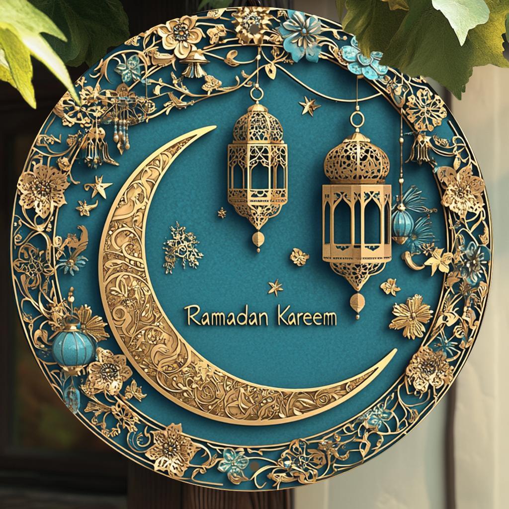 Ramadan Kareem Aluminum Wall Art – 2D Moon & Lantern Decor - No Power Needed - Home, Office & Holiday Decoration