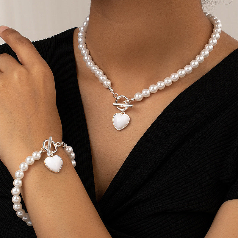 Pearl Heart Bracelet & Necklace Set – Elegant Women's Jewelry Clavicle Chain