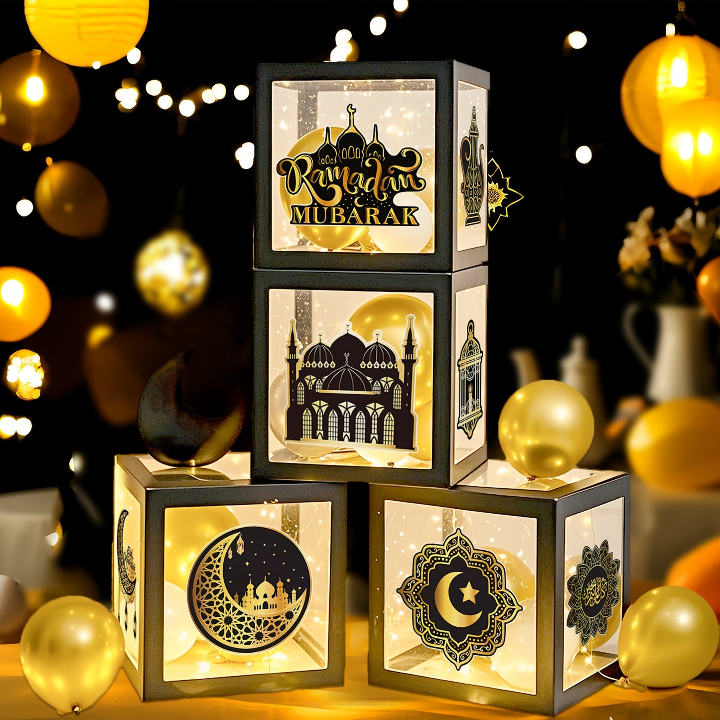 4pcs Ramadan Celebration Balloon Boxes – Eid Mubarak Decor With Star & Moon Designs, Perfect For Home & Living Room Indoor Decorations