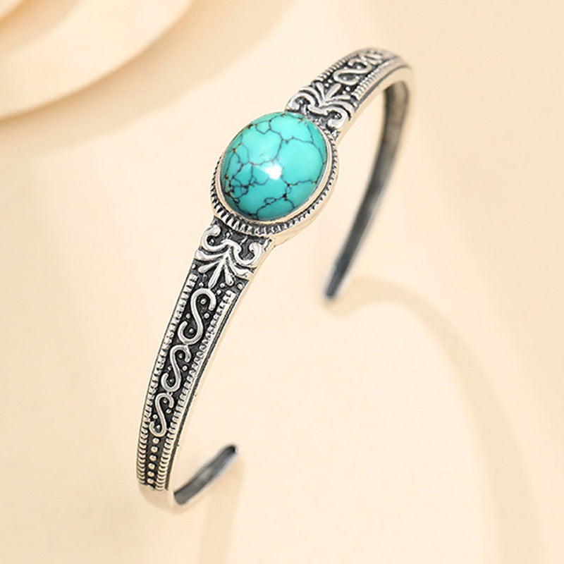 925 Silver-Plated Turquoise Bracelet for Men & Women – Retro Adjustable Design