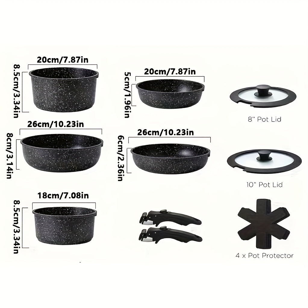 Aoran 15-Piece Nonstick Cookware Set With Detachable Handle – Induction, Dishwasher & Oven Safe