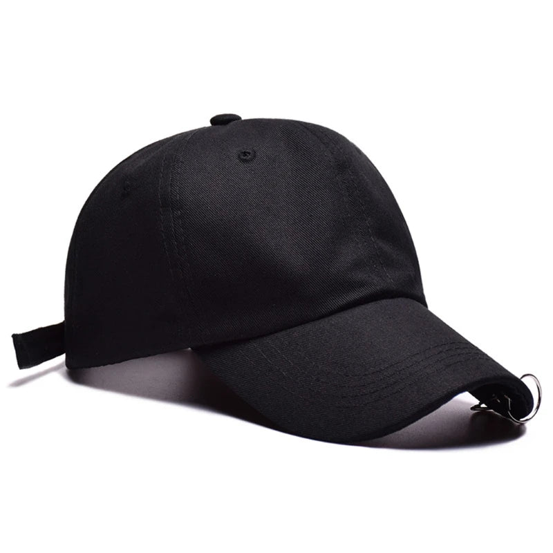 Unisex Adjustable Black Baseball Cap with Metal Rings