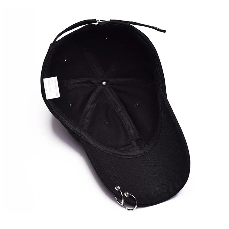 Unisex Adjustable Black Baseball Cap with Metal Rings