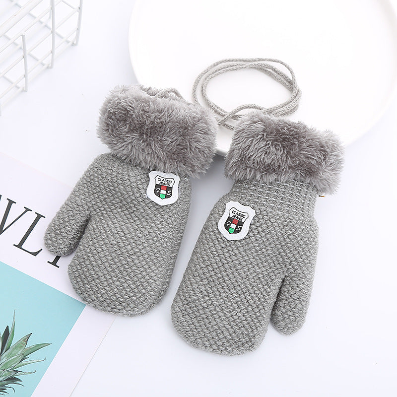 Children’s Winter Gloves for 1-4 Years – Double-Layered Knitted Wool with Fleece, Lanyard for Extra Security