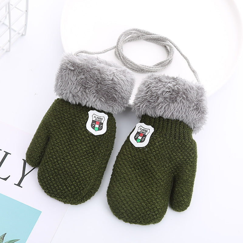 Children’s Winter Gloves for 1-4 Years – Double-Layered Knitted Wool with Fleece, Lanyard for Extra Security