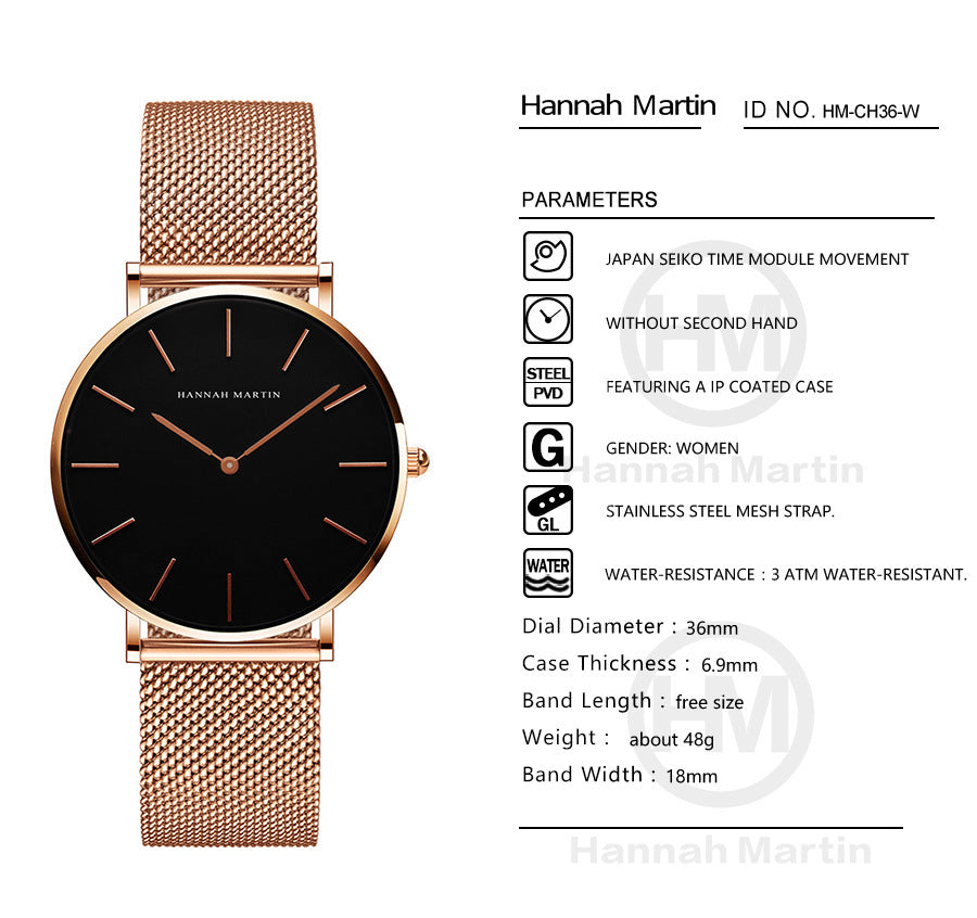 36mm Waterproof Steel Chain Watch – Nordic Minimalist Style Slim Ladies' Watch