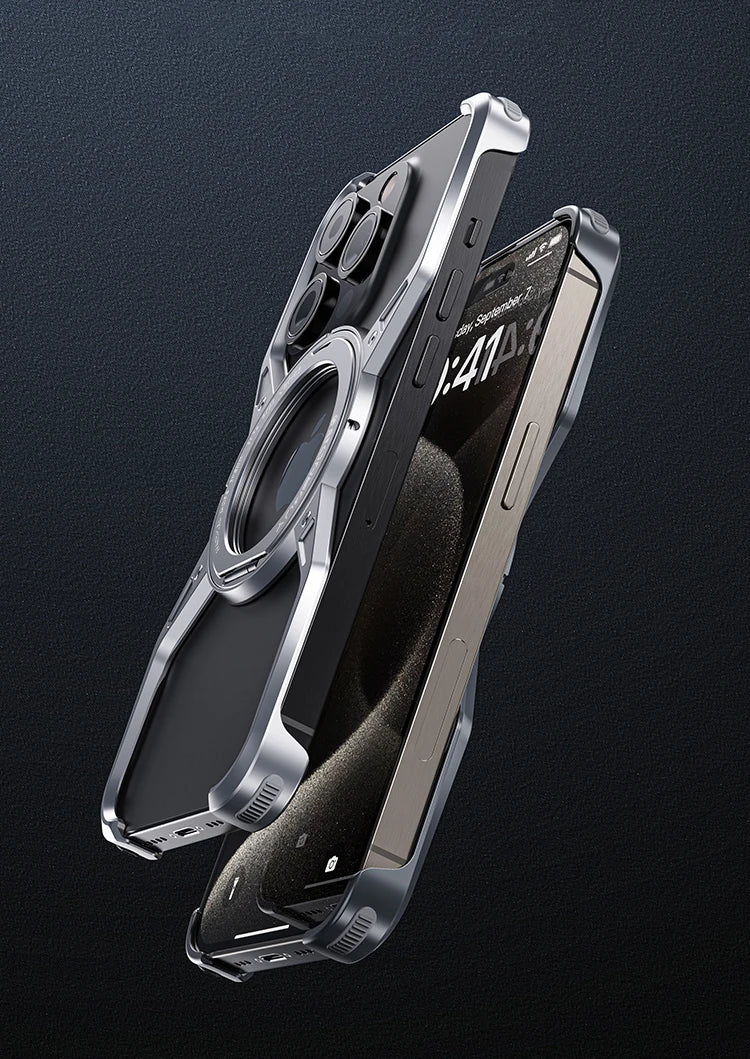 Metal Aluminum Alloy Magnetic Frameless Phone Case for iPhone 13/14/15 Pro Max - 360° Rotating Bumper, Shockproof Design
