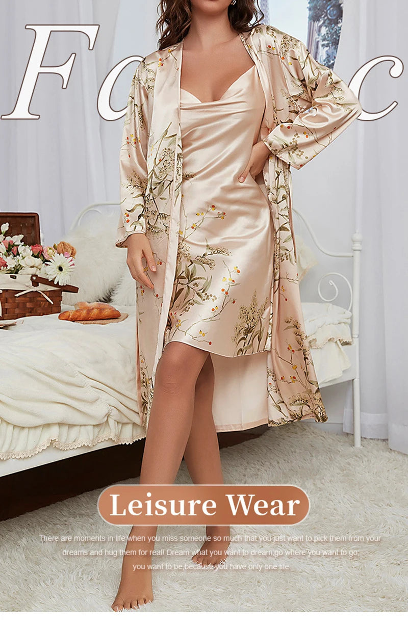 Women's Silk-Feel Floral Pajama & Night Robe Set - 2-Piece Homewear