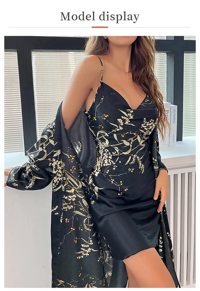 Women's Silk-Feel Floral Pajama & Night Robe Set - 2-Piece Homewear