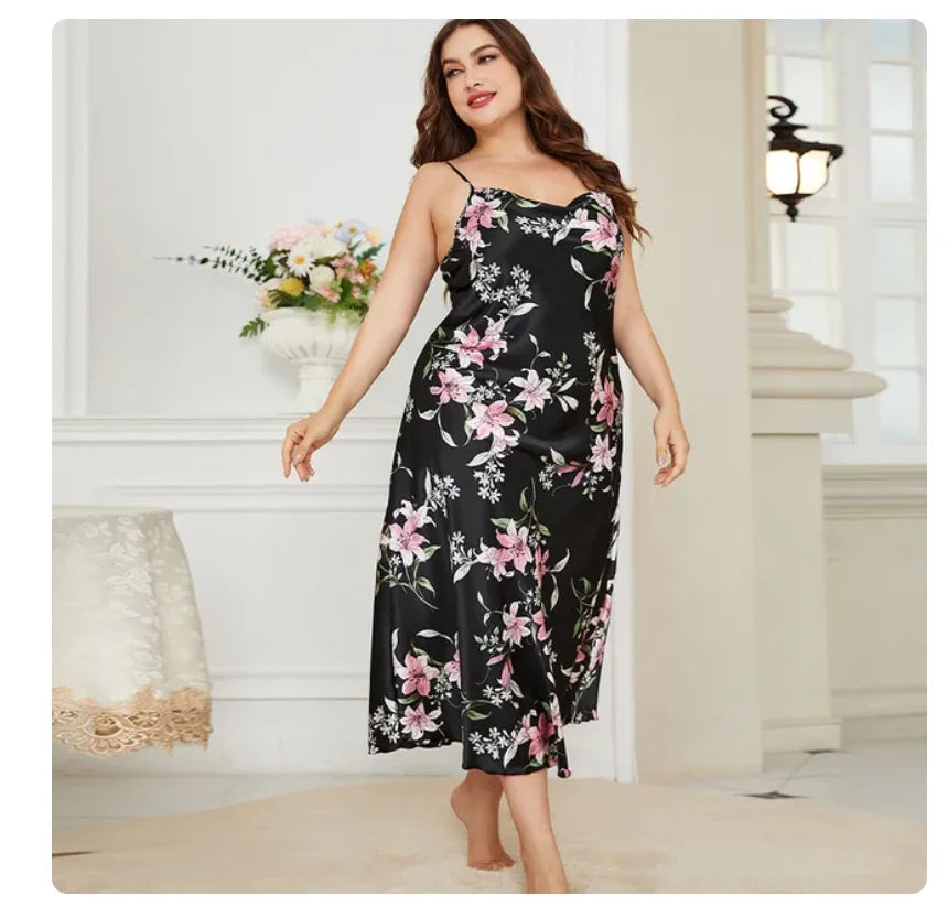 XL-5XL Women's Satin Nightgown - Loose Fit Summer Loungewear