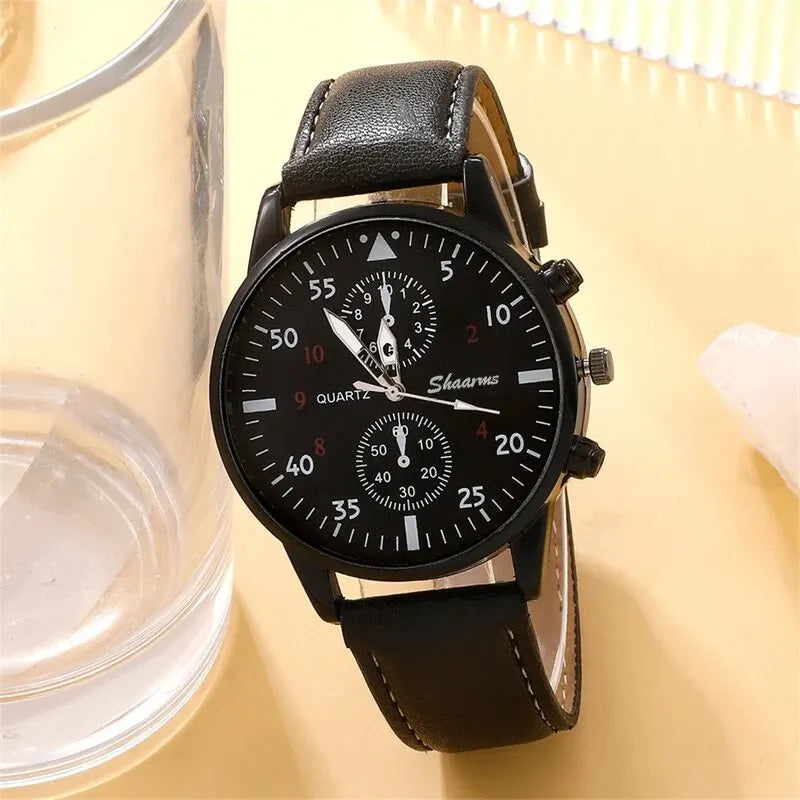 5-Piece Men's Fashion Watch & Bracelet Set – Sports Style, Leather Band Quartz Wristwatch