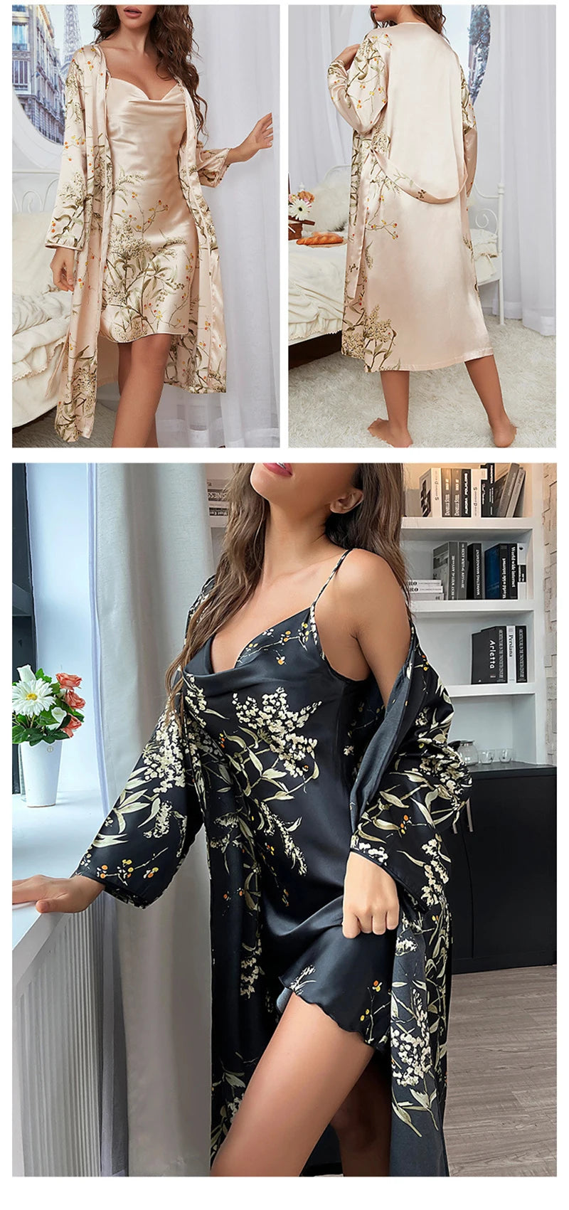 Women's Silk-Feel Floral Pajama & Night Robe Set - 2-Piece Homewear
