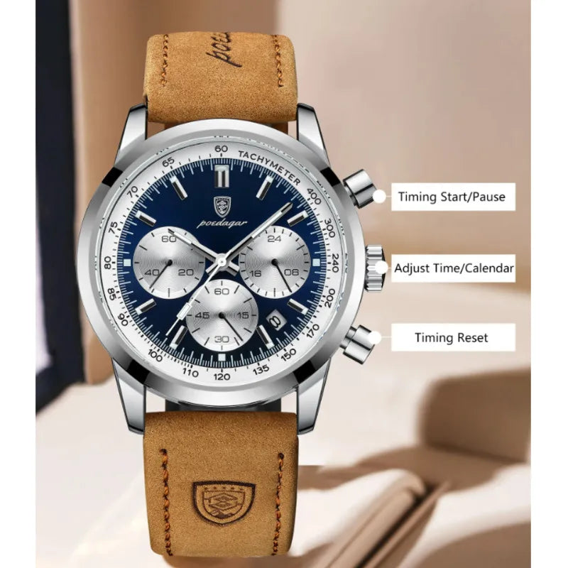 Men's Luxury Waterproof Chronograph Watch – Luminous Leather Quartz Wristwatch