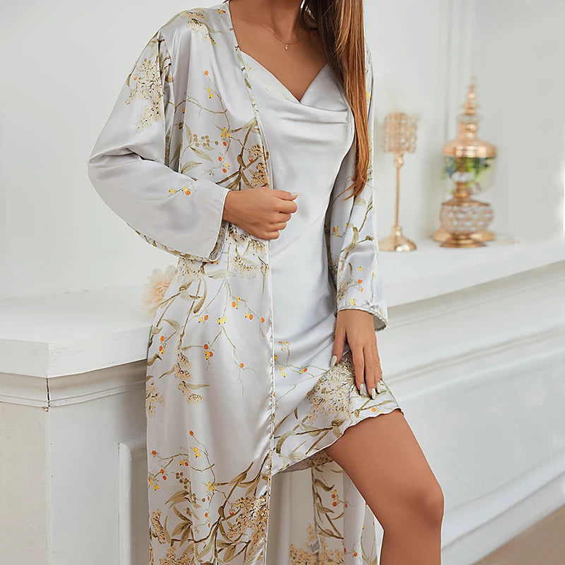 Women's Silk-Feel Floral Pajama & Night Robe Set - 2-Piece Homewear