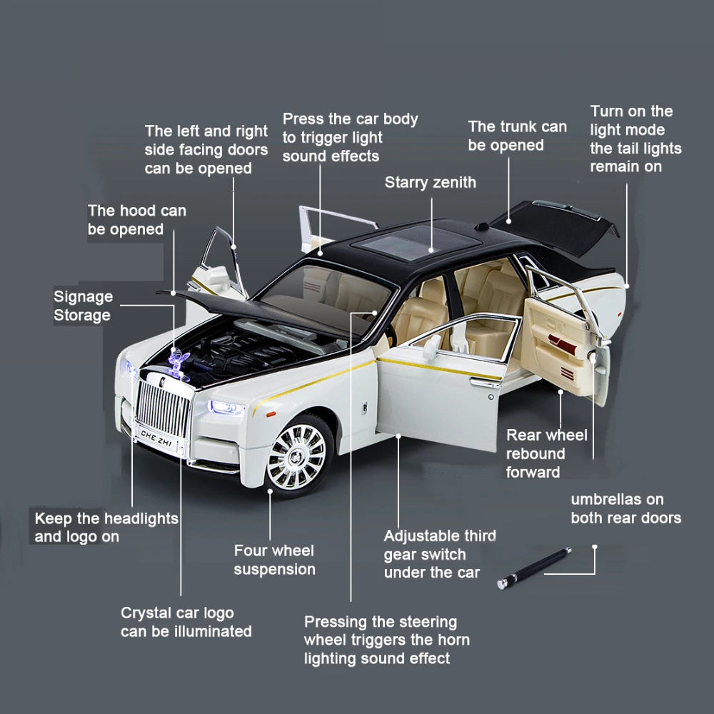 1:24 Rolls Royce Phantom Diecast Model Car – Pull Back Toy with Lights & Music