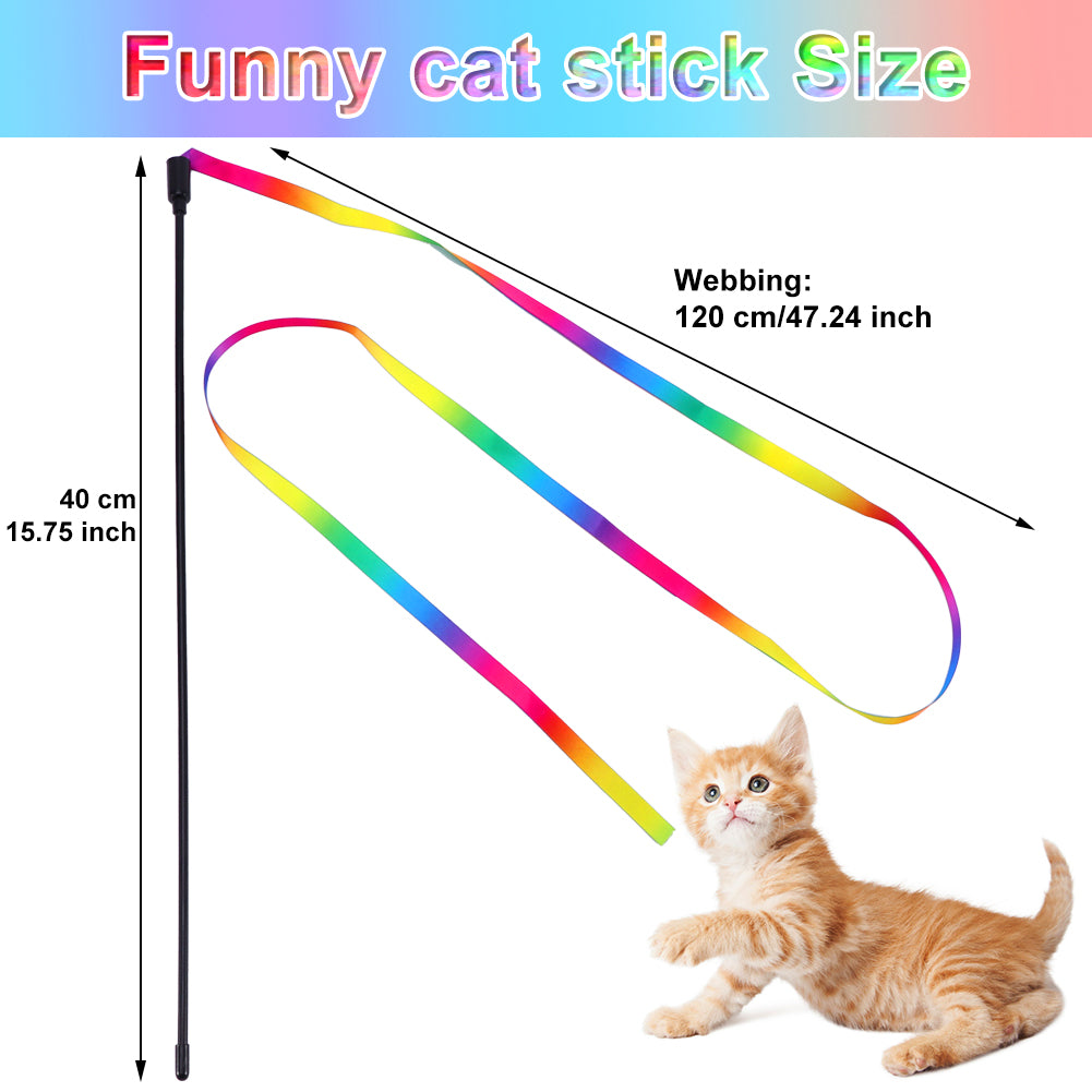 3Pcs Cat Teaser Wand Toy – Rainbow Ribbon Stick for Interactive Indoor Play