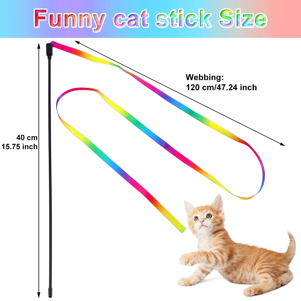 3Pcs Cat Teaser Wand Toy – Rainbow Ribbon Stick for Interactive Indoor Play