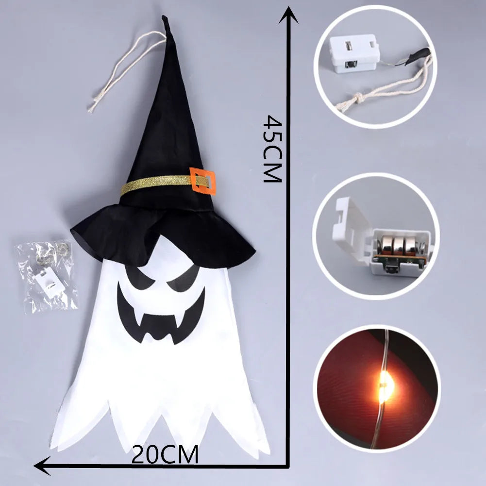 LED Halloween Decoration Flashing Light Gypsophila Ghost Festival Dress Up Glowing Wizard Ghost Hat Lamp Decor Hanging Lantern