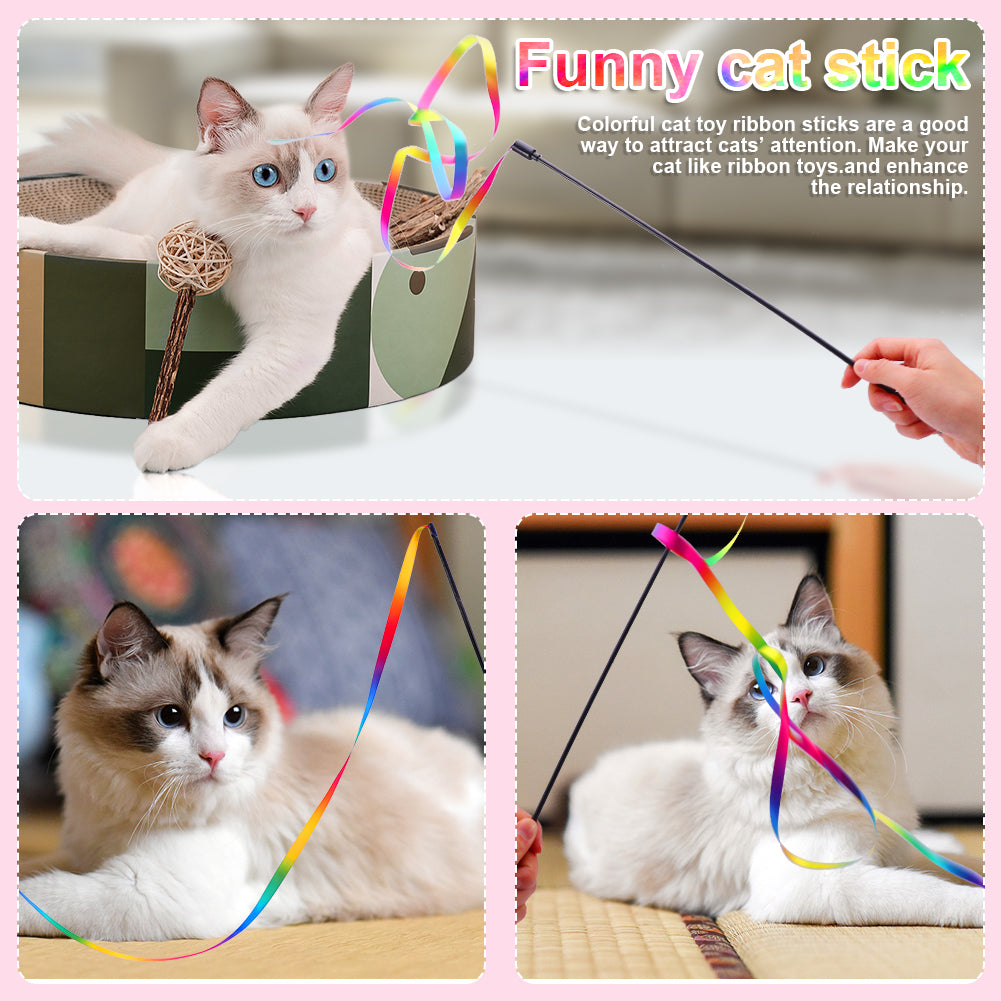 3Pcs Cat Teaser Wand Toy – Rainbow Ribbon Stick for Interactive Indoor Play
